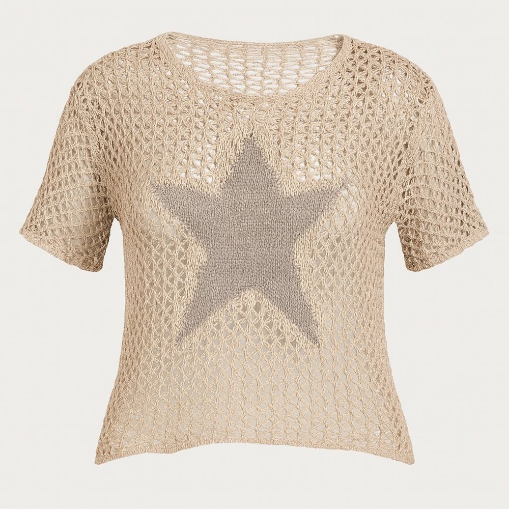 Open Weave Crochet Knit Star Sweater Top Beige Cream Short Sleeve